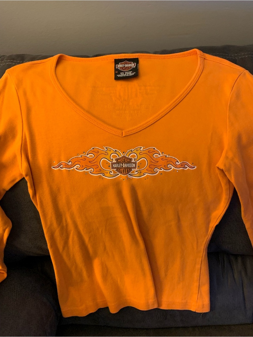 Harley-Davidson Women's Orange V-Neck Long Sleeve Top